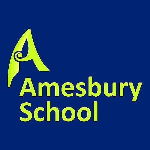 Logo of Amesbury School with a stylized letter 'A' in lime green and the school name in matching color on a dark blue background.