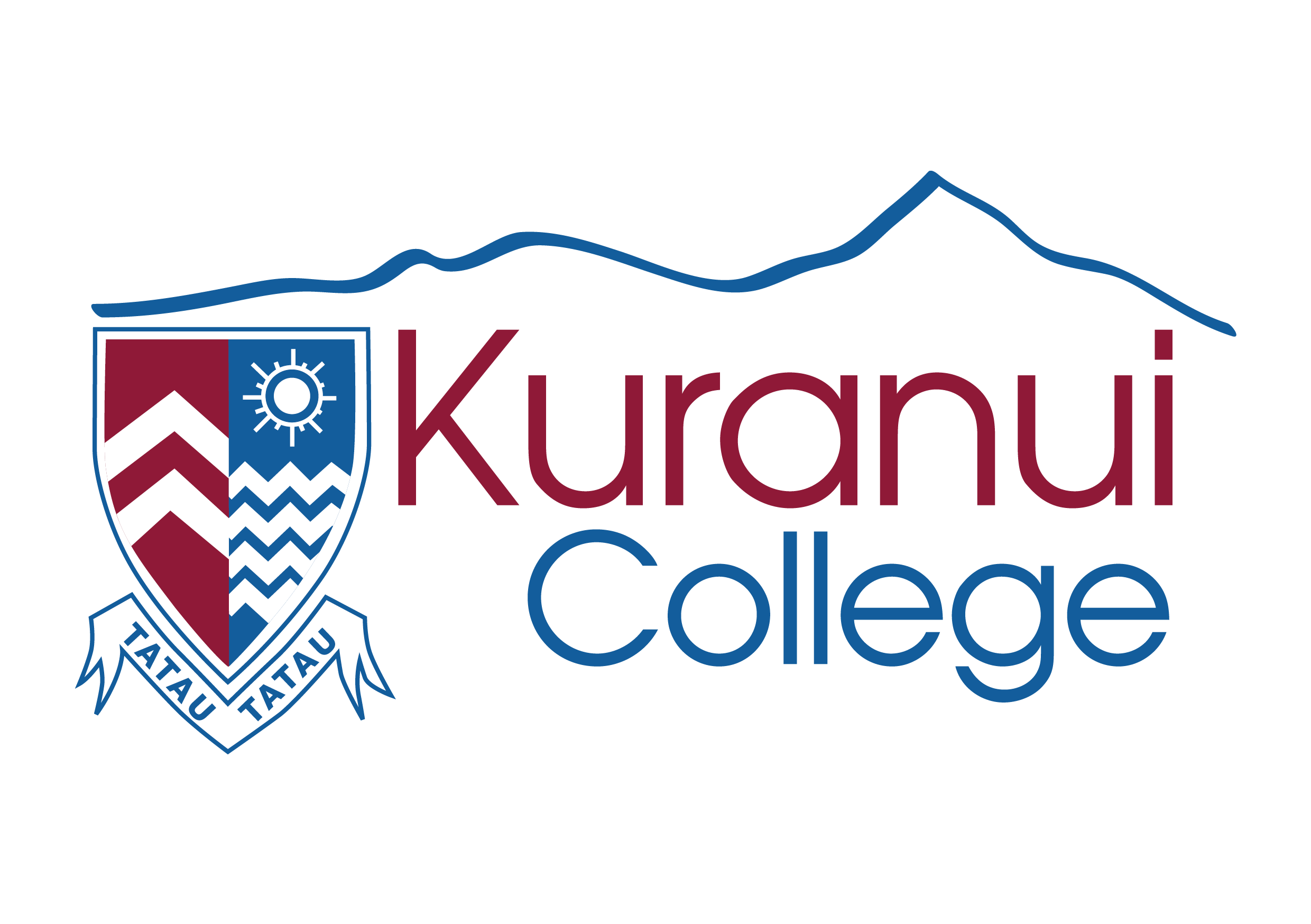 Logo of Kuranu College featuring a shield with a sun, waves, and chevrons, with the college name written beside and a mountain outline above.