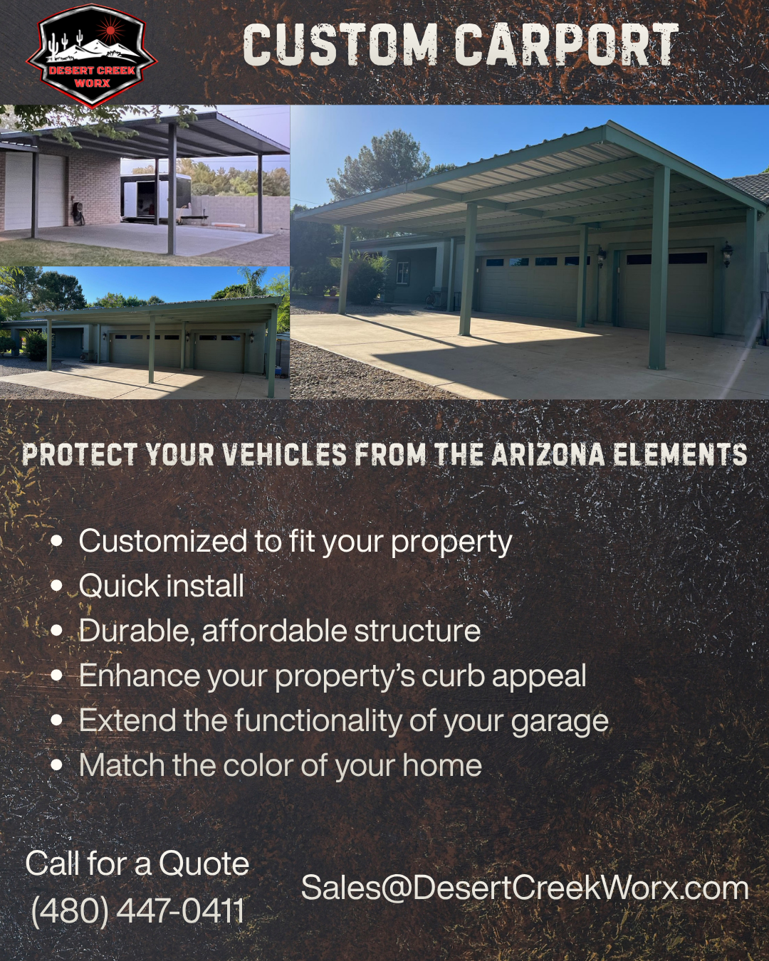 Advertisement for custom carports by Desert Creek Worx, showing images of different carport designs and text highlighting features like customization, quick installation, durability, aesthetic enhancement, and matching home color, with contact information.