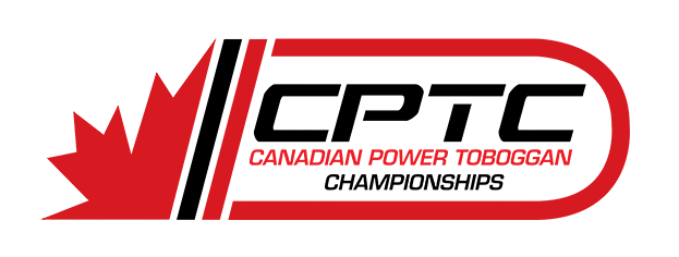 Logo for the Canadian Power Toboggan Championships featuring a red maple leaf, black and red stripes, and text.