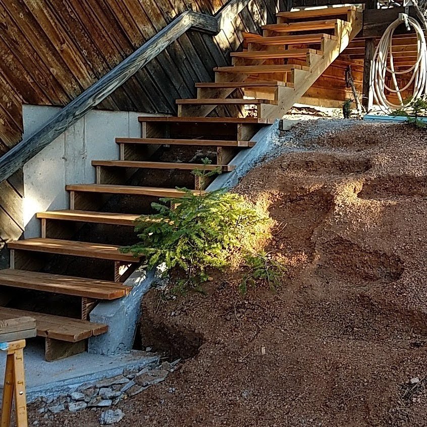 Wooden staircase under construction on a slope with dirt and a small green pine tree in front.