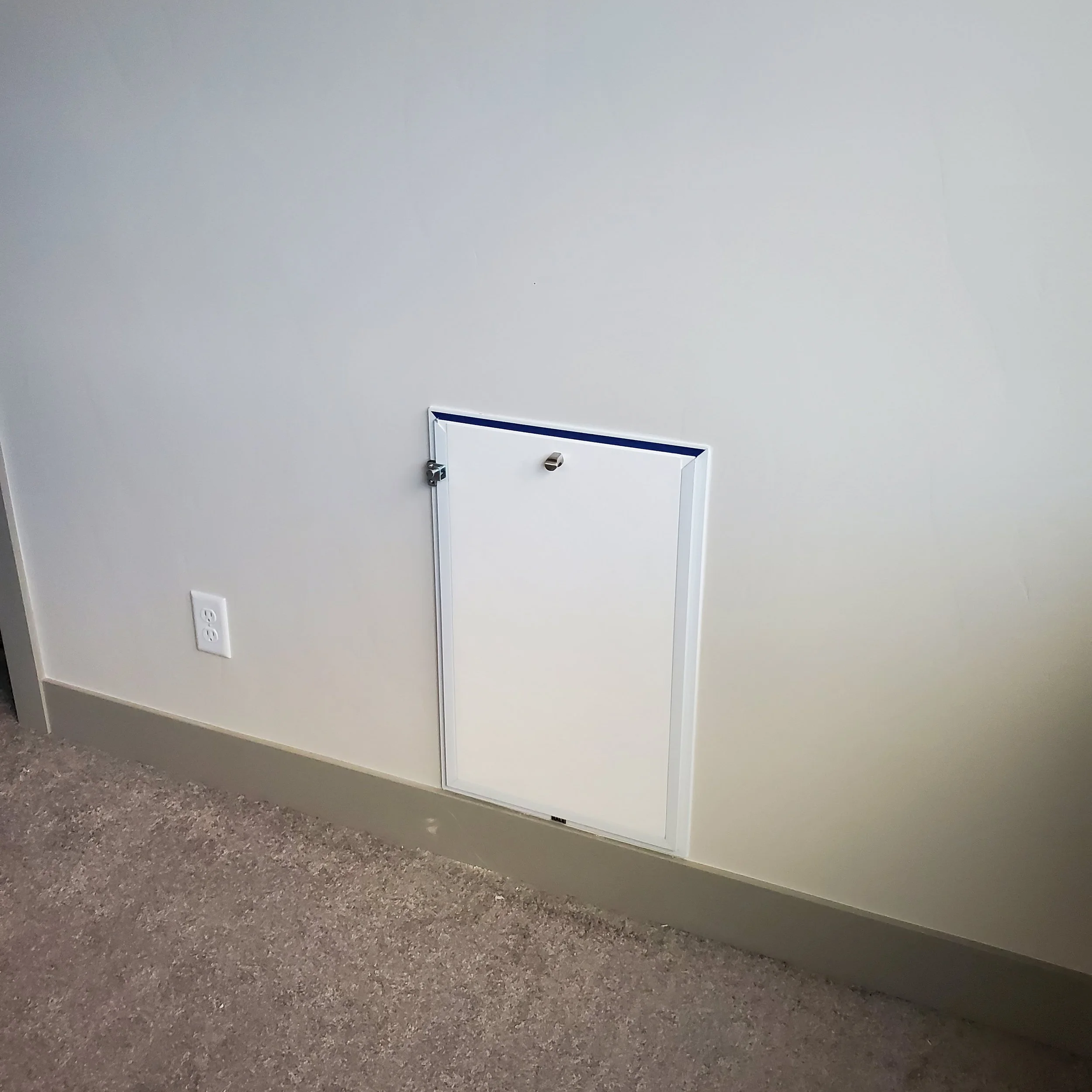 Empty white wall with a dog door installed with a gray carpeted floor.