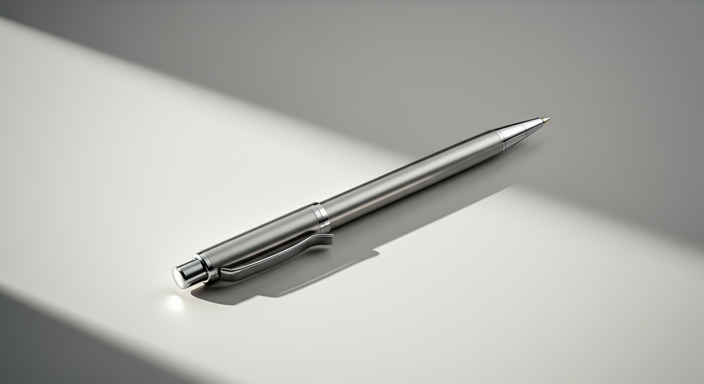 A sleek, silver ballpoint pen resting on a white surface with gray background, casting a shadow.