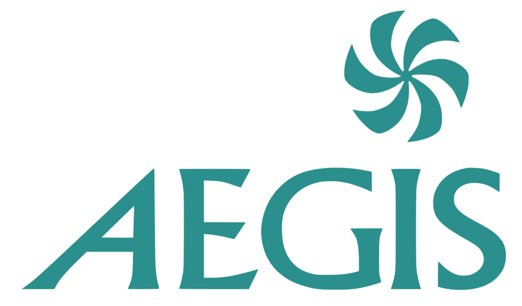 Logo with stylized swirl graphic and the text 'AEGIS' in teal color.