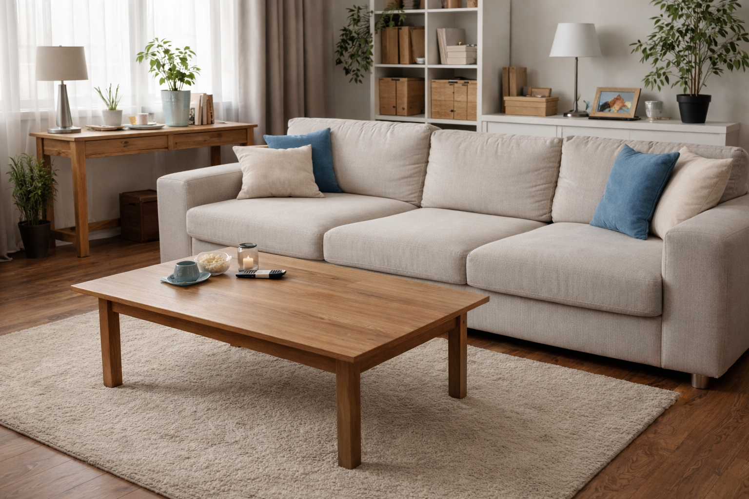 Living room with a beige sofa, wooden coffee table, and white carpet. Decorative pillows, candles, and a TV remote on the coffee table. Behind, there is a white shelf with books and plants, and a wooden desk with plants and a lamp near the window.