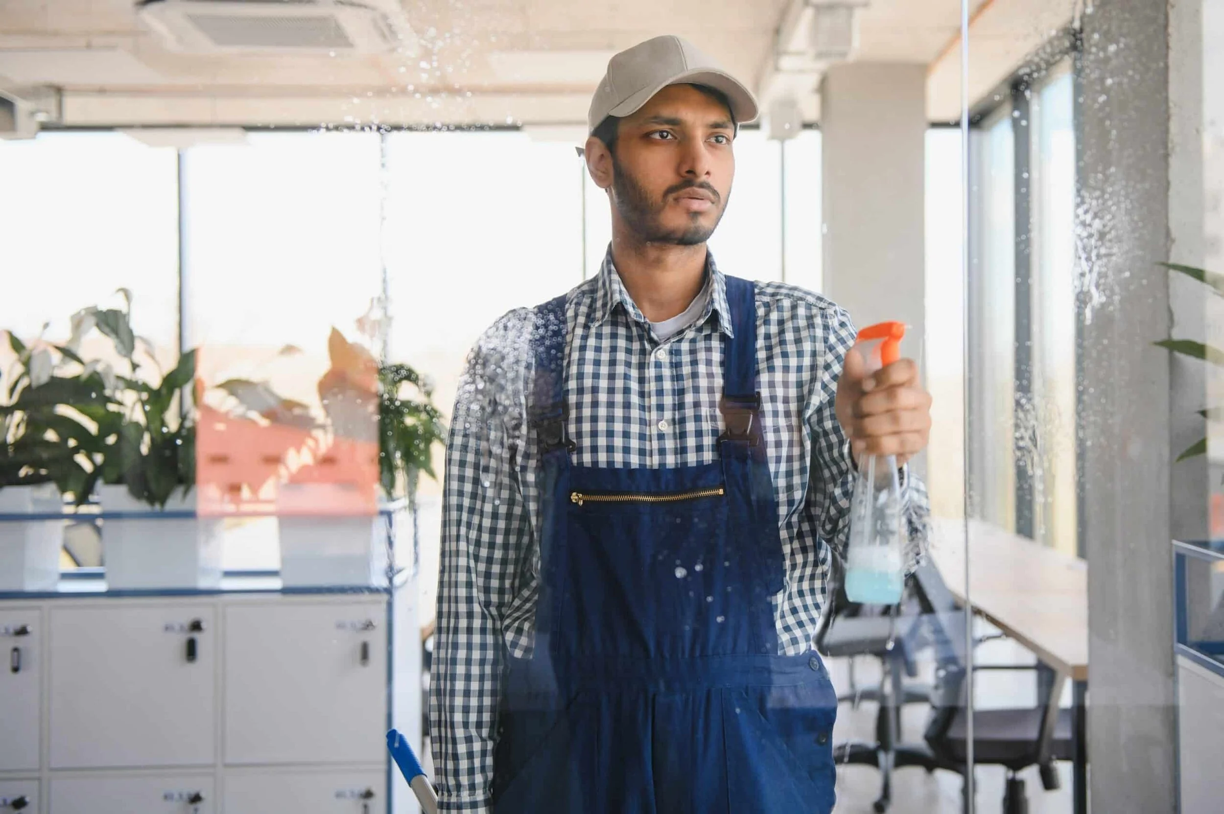 A man cleaning a glass window with a spray bottle in an office or indoor space.