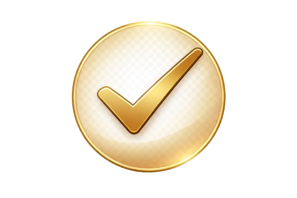 A gold check mark inside a circular icon with a beige background