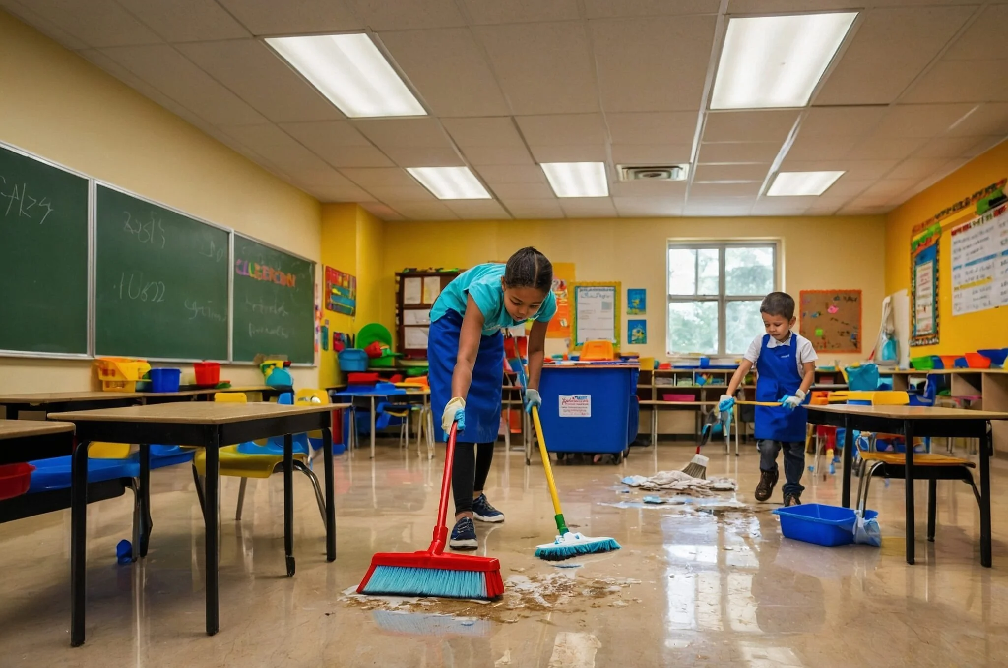 Two young children, a girl and a boy, are cleaning the classroom floor with brooms and dustpans. The classroom has yellow walls, desk tables, colorful chairs, and educational posters, with a large window letting in natural light.
