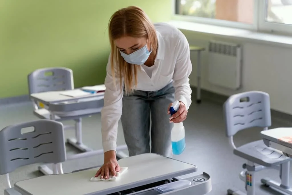 Woman in a classroom disinfecting desks while wearing a face mask.