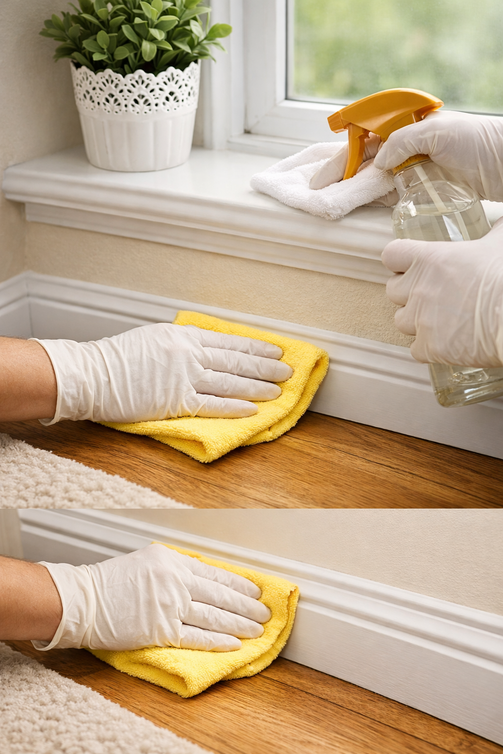 Person cleaning a window sill with a spray bottle and yellow cloth, wearing gloves.