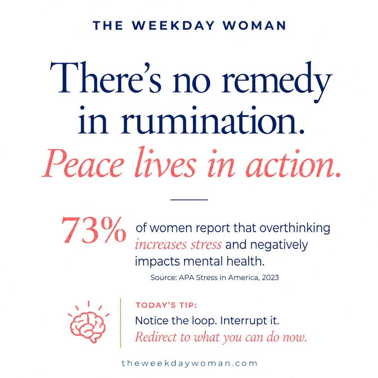 &ldquo;There&rsquo;s no remedy in rumination.&rdquo; ↴

➳ Reflection can help you decide what to do next; rumination keeps asking you to revisit what you cannot resolve by thinking harder. ↴

 ➳ For the Weekday Woman, that loop can sound like replayi
