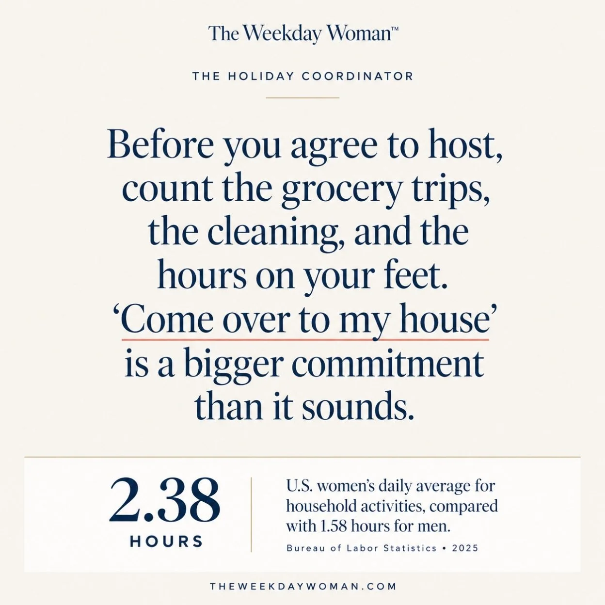 Hey 👋 Weekday Woman, 
So you&rsquo;re thinking about hosting this years&rsquo; holiday festivities? Welp, hosting starts long before anyone rings the doorbell.

  It starts with the grocery list. Then the second grocery trip for the thing you forgot