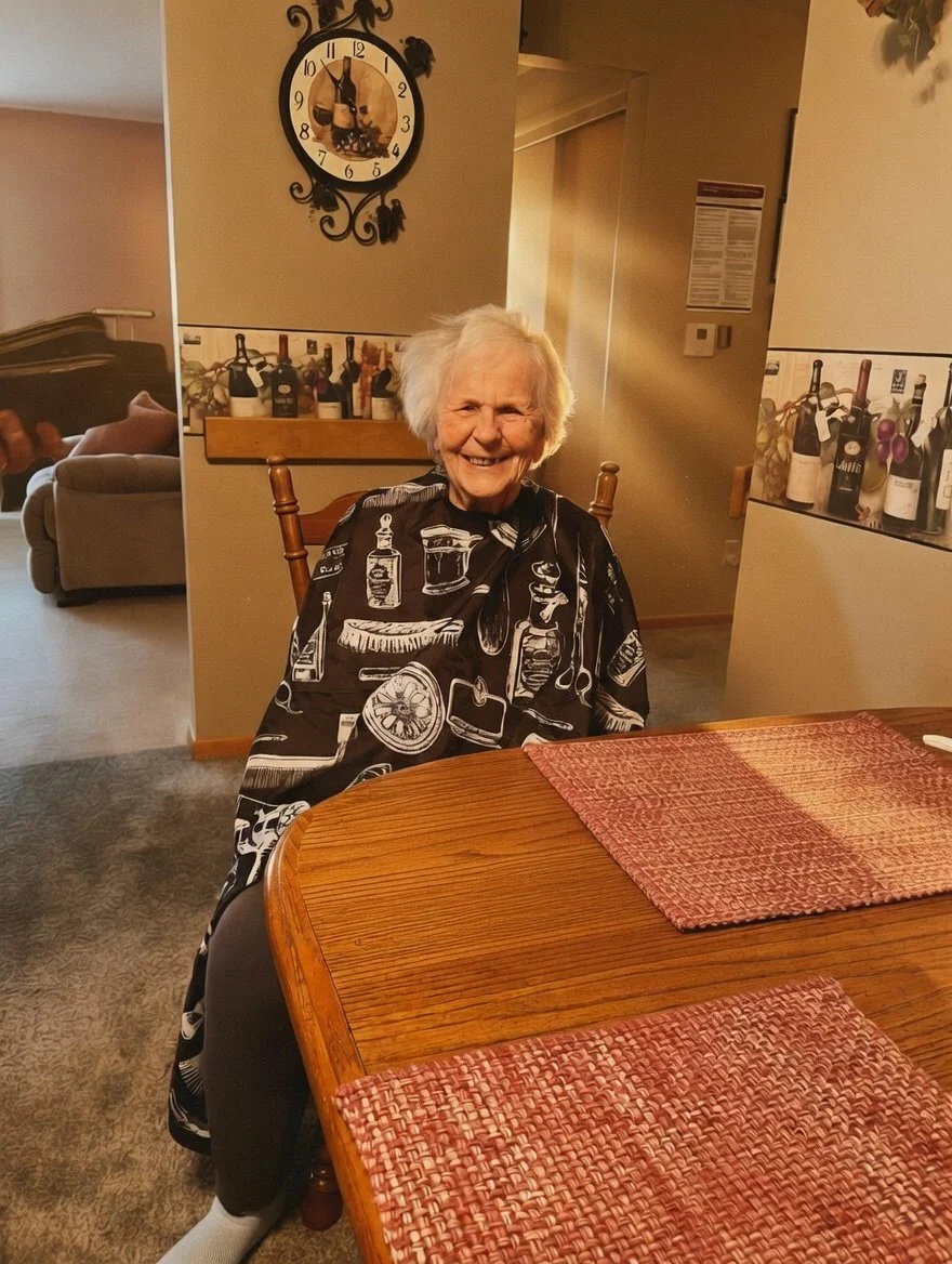 An elderly woman with white hair smiling while sitting at a dining table with a red woven placemat. Behind her, a wall with a decorative clock and bottles of wine on a shelf. A living room with a couch is visible in the background.