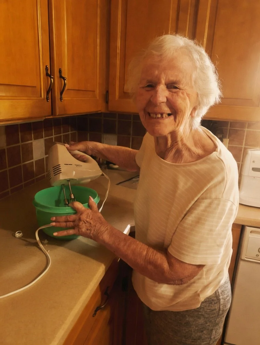 An elderly woman with white hair mixing ingredients in a green bowl with an electric hand mixer in a kitchen with wooden cabinets and tiled backsplash.