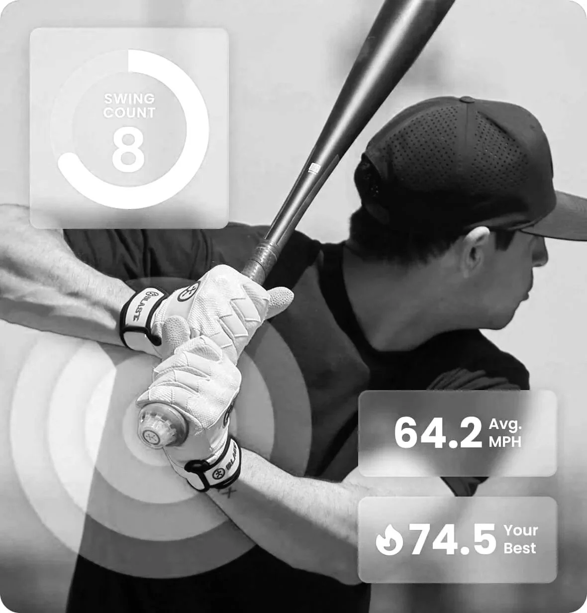 A person in a cap and t-shirt preparing to hit a golf ball, with digital overlay displaying a swing count of 8, an average speed of 64.2 mph, and a best speed of 74.5 mph.