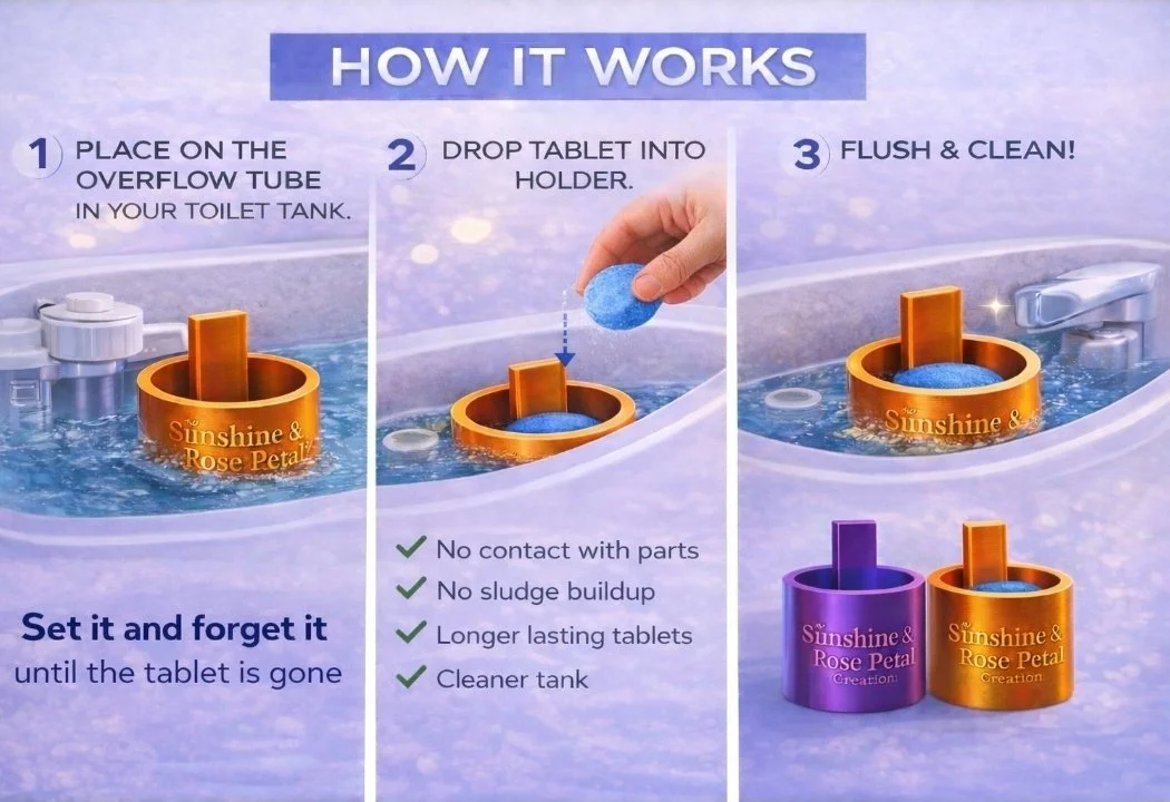 Instructions for toilet tablet cleaning process with three steps: 1. Place tablet on overflow tube in toilet tank. 2. Drop tablet into holder. 3. Flush and clean. The image shows a toilet tank with orange and purple toilet tablets labeled 'Sunshine & Rose Petal Creation'. The orange tablet is placed in the holder, and the purple tablet is next to the orange one. The background is a close-up of a toilet tank with water.