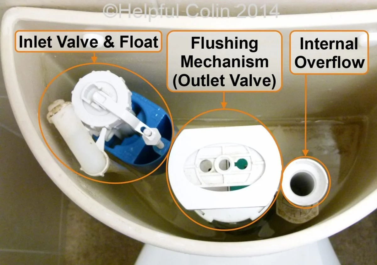 Diagram of a toilet tank showing its internal parts labeled: Inlet Valve & Float, Flushing Mechanism (Outlet Valve), and Internal Overflow.