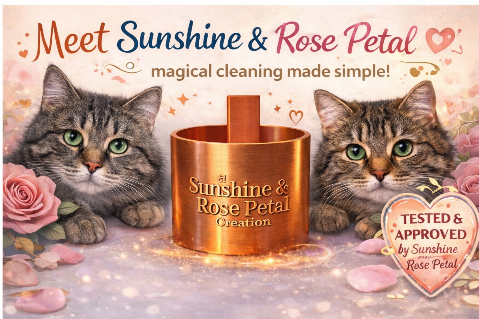Advertisement featuring two tabby cats lying on a sparkly surface surrounded by pink roses and petals. In the center, a copper-colored container labeled 'Sunshine & Rose Petal Creation'. Text above reads 'Meet Sunshine & Rose Petal, magical cleaning made simple!', and a badge on the right says 'Tested & Approved by Sunshine Rose Petal'.