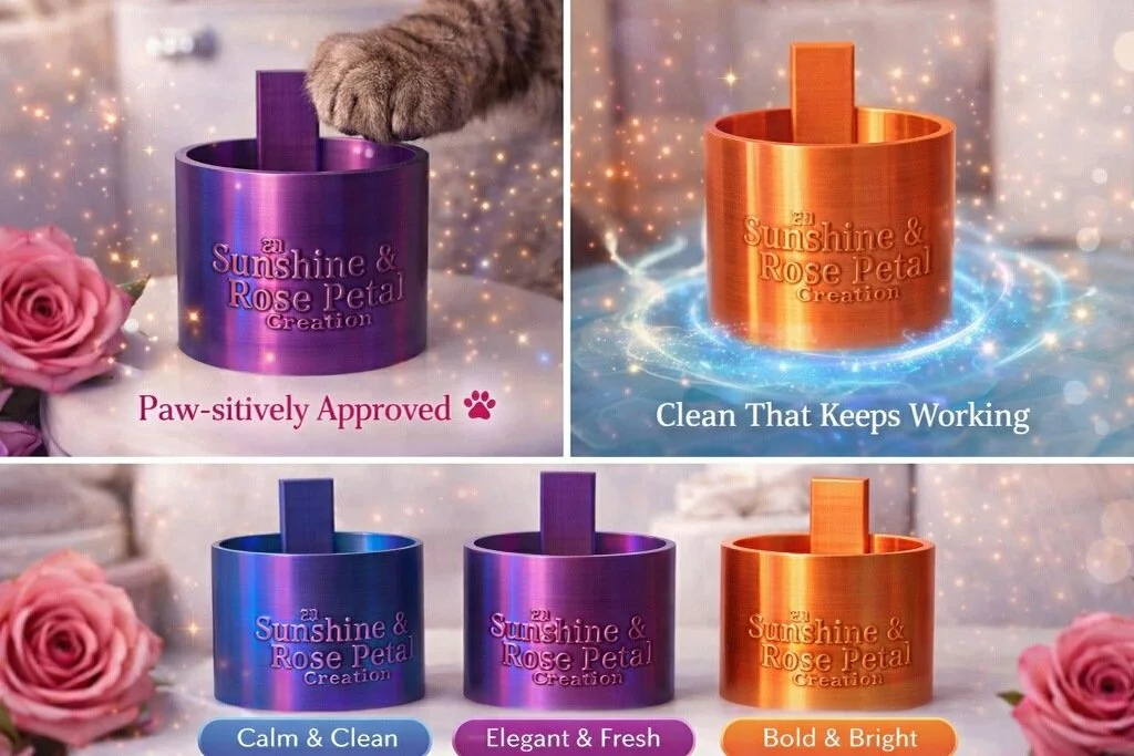 Photo of four colorful devices labeled 'Sunshine & Rose Petal Creation.' The devices are purple, blue, purple, and orange. The purple and blue ones are marked 'Calm & Clean' and 'Elegant & Fresh,' while the orange device is labeled 'Bold & Bright.' A kitten's paw reaches into the purple device in the top left corner. Pink roses are placed around the devices, and sparkles and light effects are added for decoration.