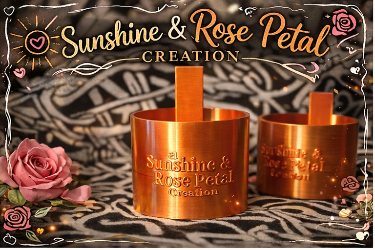 Two copper-colored candle holders engraved with the words 'Sunshine & Rose Petal Creation,' with pink roses nearby, set against a background with floral and heart decorations and the same text at the top.