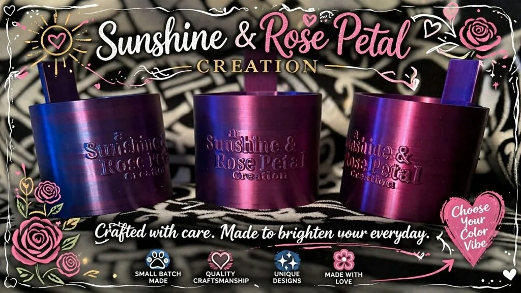 Three metallic, colorful candles with the text 'a Sunshine & Rose Petal Creation' on them, surrounded by floral and heart illustrations, pink and black background.