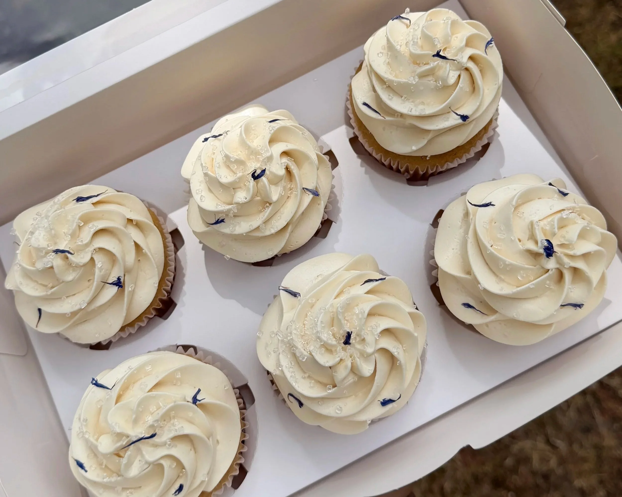 Close-up of cupcakes with light brown frosting piped in rose shapes, decorated with edible blue flowers and small white salt crystals, on a wooden surface.
