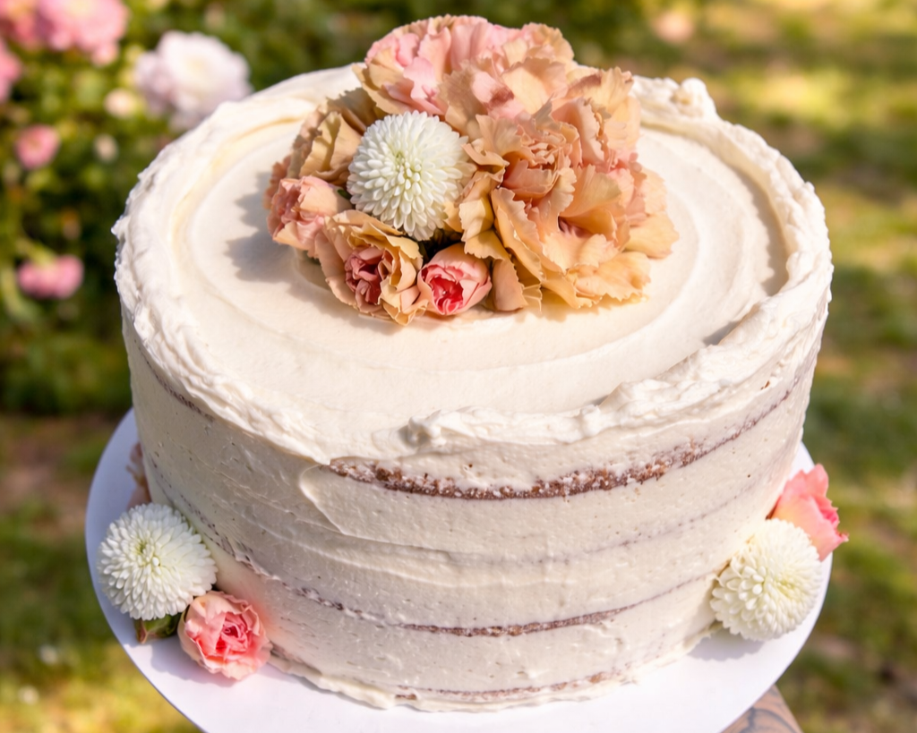 A small, semi-naked cake decorated with fresh strawberries and small white daisies on a wooden surface.