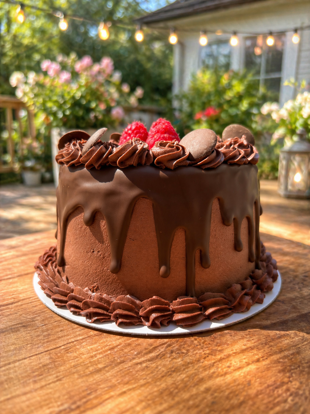 Chocolate cake with chocolate ganache dripping down the sides, topped with raspberries, chocolate curls, and chocolate discs, on a wooden table outdoors.