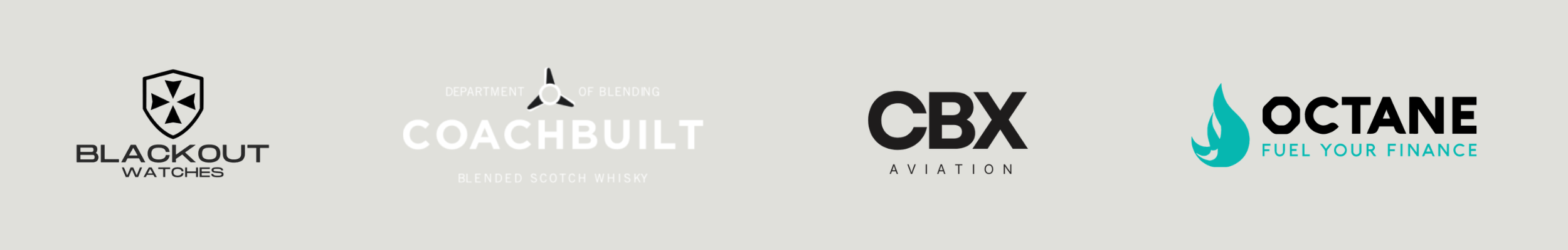 Logos of four companies: Blackout Watches, Coachbuilt, CBX Aviation, and Octane Fuel Your Finance, on a light grey background.