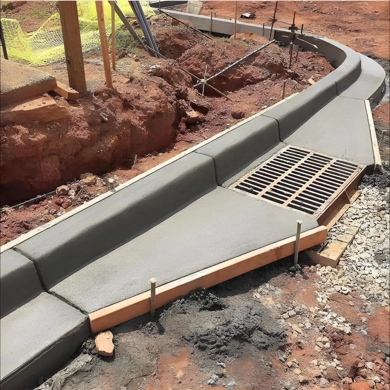 Construction site with a freshly poured concrete sidewalk and a drainage grate, surrounded by dirt and construction materials.