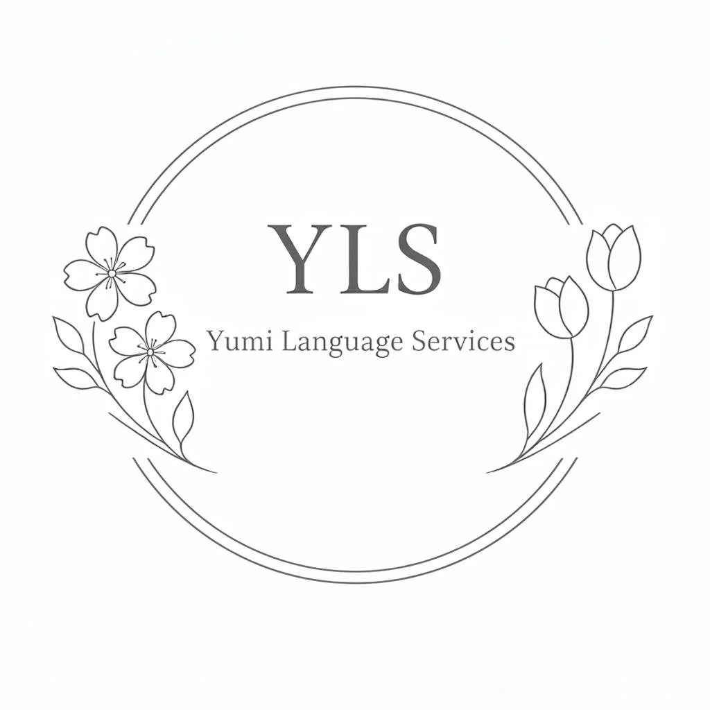 A logo with the text 'YLS' and 'Yumi Language Services' surrounded by a circular floral design with cherry blossoms on the left and tulips on the right.
