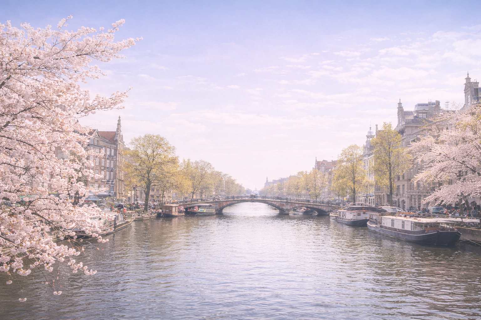 A canal in a European city with boats, lined with flowering trees and historic buildings, under a partly cloudy sky.