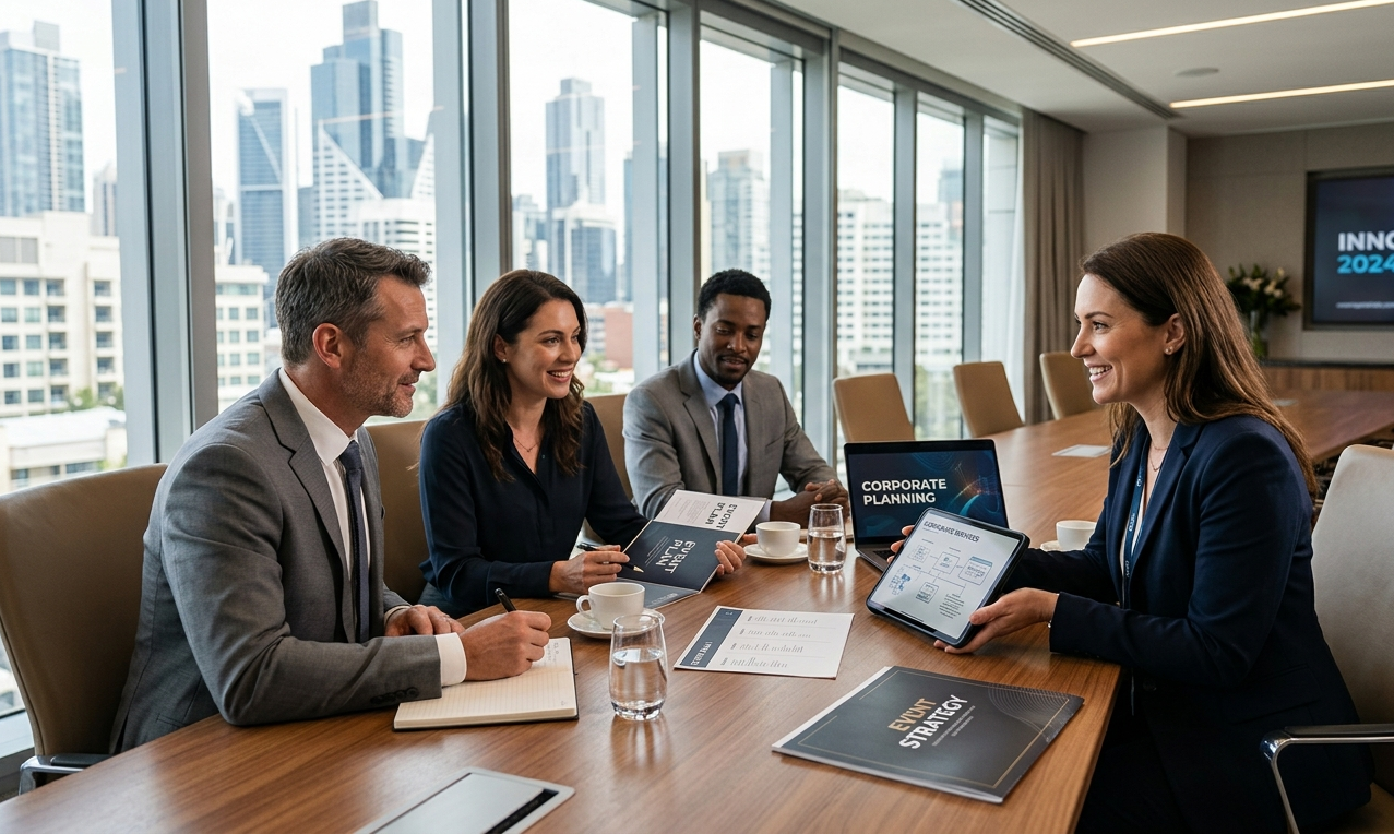 Business meeting in a conference room with four professional individuals, two women and two men, discussing corporate planning. One woman shows a tablet with charts, and there are laptops, documents, and glasses of water on the table, with a city skyline visible through large windows.