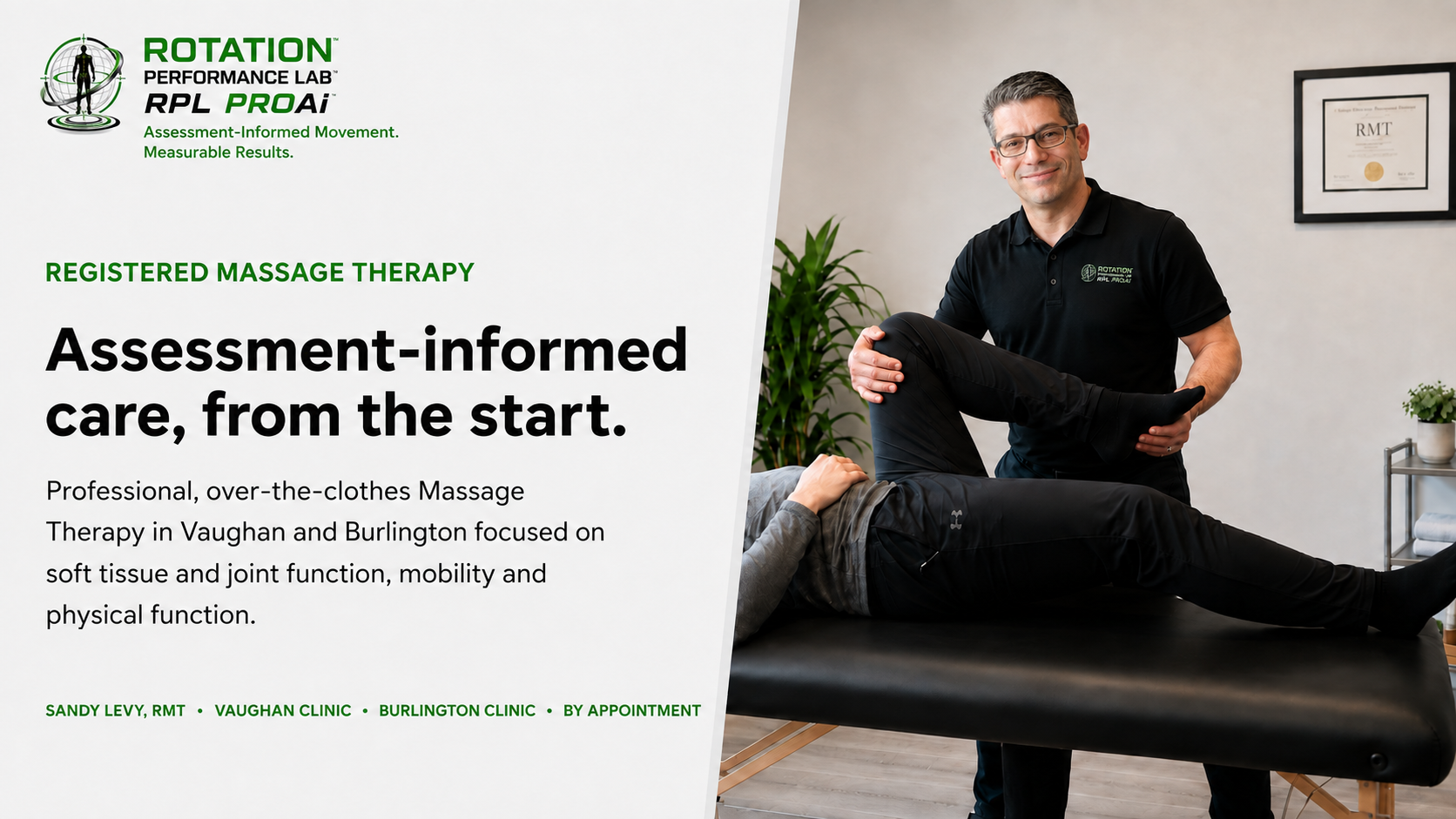 A chiropractor providing massage therapy to a patient lying on a massage table, with framed certificates on the wall and green plants in the background.