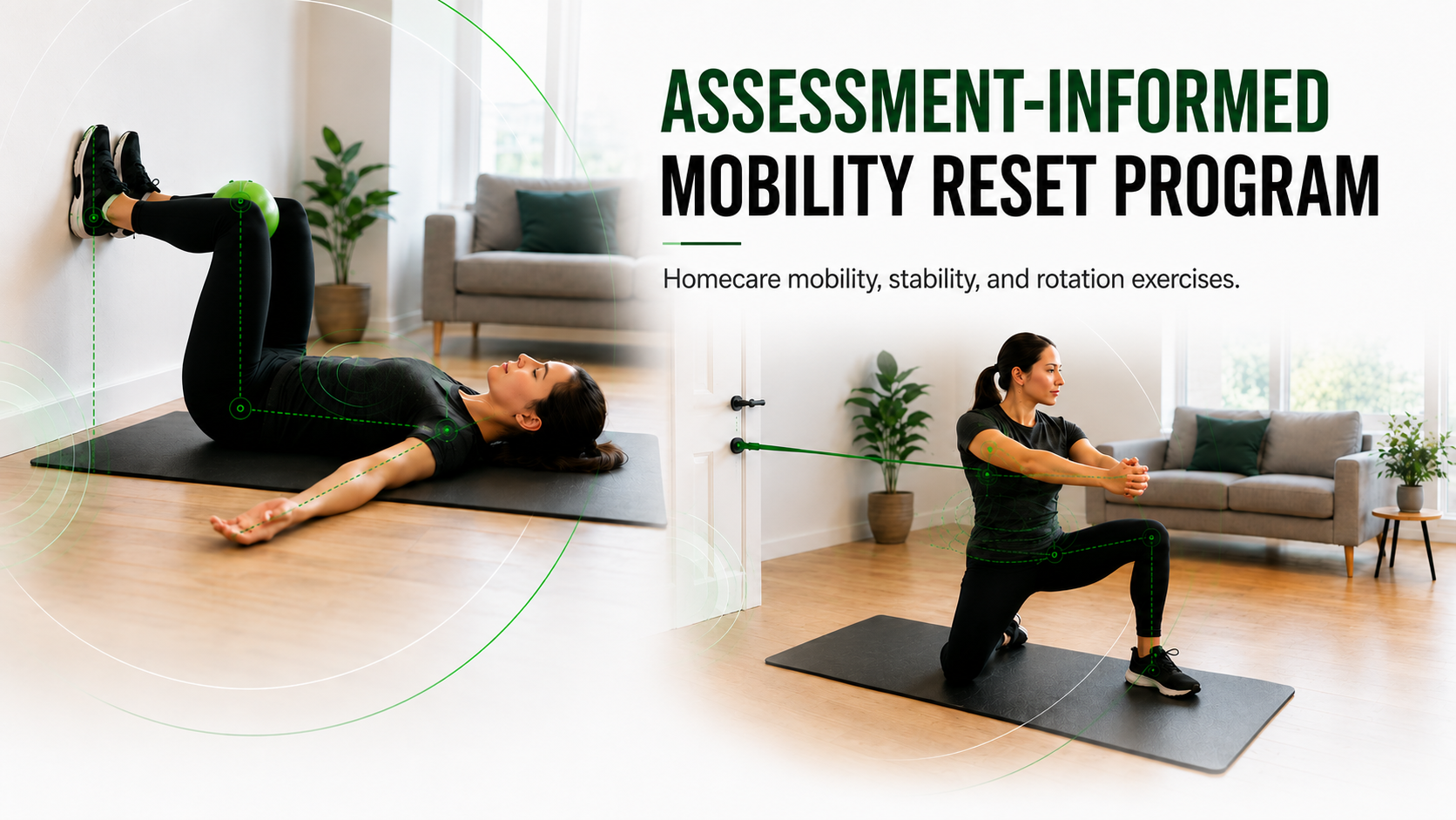 Two women performing home exercise routines: one lying on a yoga mat doing leg raises, the other kneeling doing resistance band pulls, with text about an assessment-informed mobility reset program.