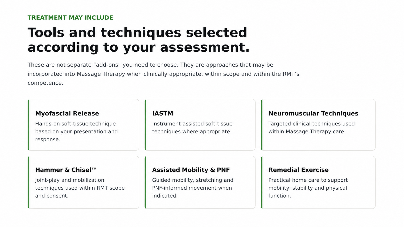 A webpage displaying different massage therapy treatment tools and techniques, including Myofascial Release, IASTM, Neuromuscular Techniques, Hammer & Chisel, Assisted Mobility & PNF, and Remedial Exercise.