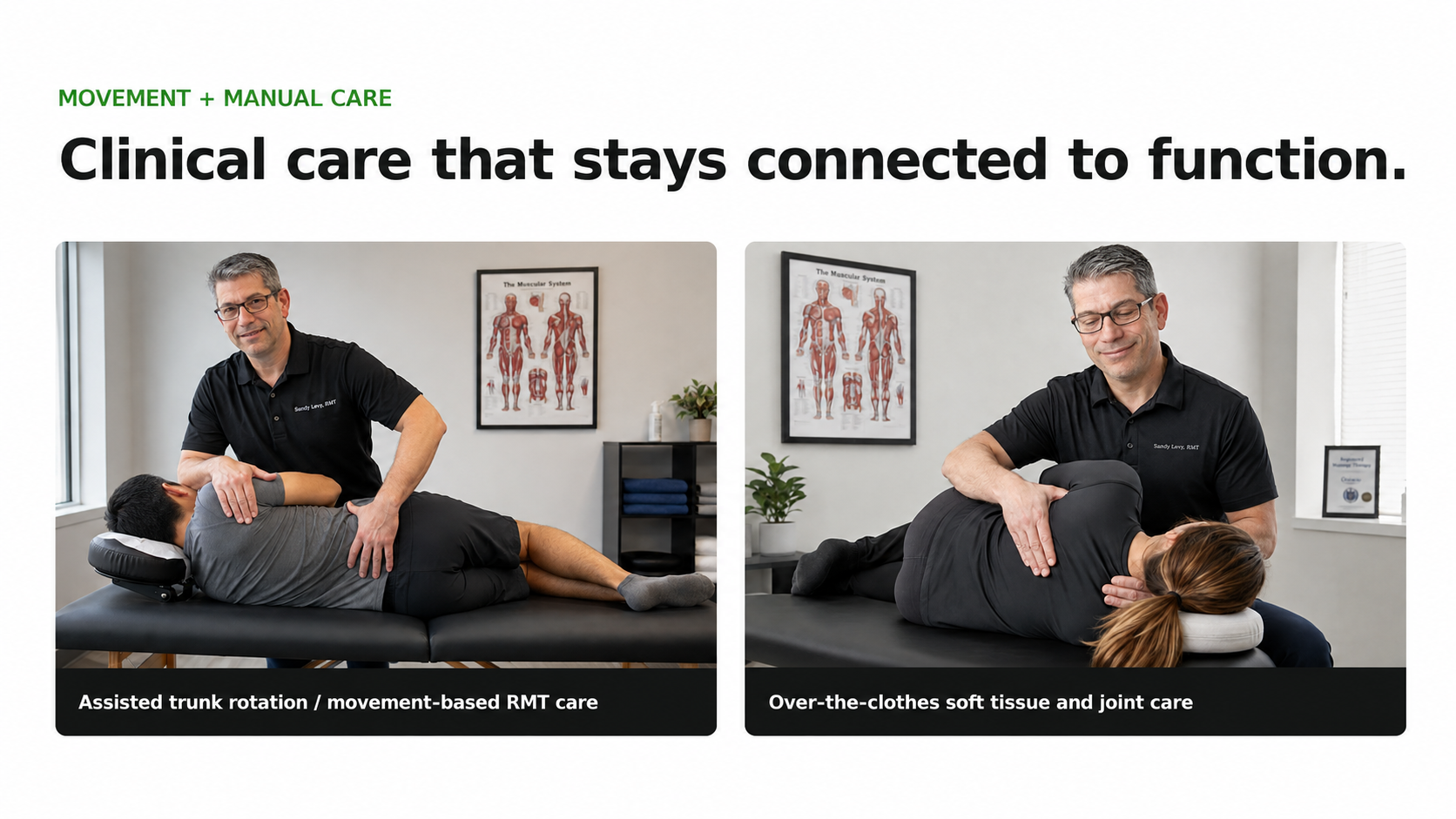 Two images of a man providing physical therapy to a patient on a treatment table. In the left image, the man is assisting the patient with trunk rotation and movement-based rehabilitation. In the right image, he is providing over-the-clothes soft tissue and joint care. Both images show a clinic room with anatomical charts and a window.
