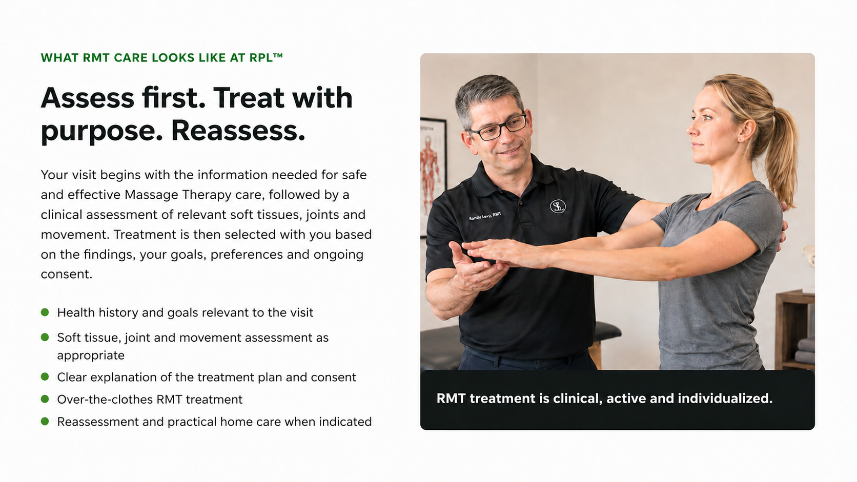 A therapist performing a soft tissue assessment with a female patient in a treatment room, both engaged in a therapeutic activity.
