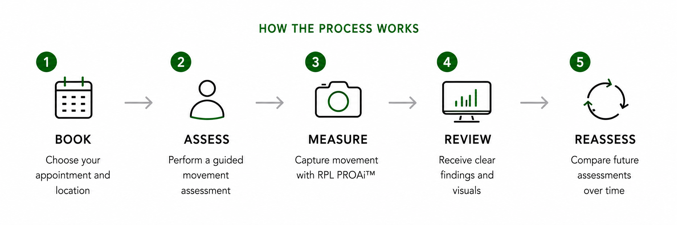 A diagram titled 'How the Process Works' with five steps: Book, Assess, Measure, Review, Reassess. Each step has a brief description and an icon.
