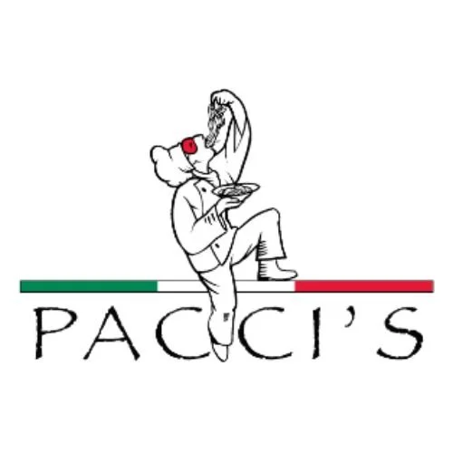 Pacci’s Trattoria logo featuring cartoon chef holding pasta over Italian flag colors.