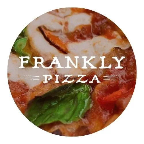 Frankly Pizza logo over close-up image of pizza with melted cheese, basil leaves, and tomato sauce.