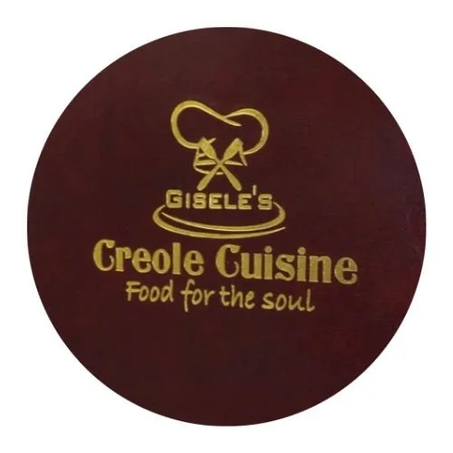 Gisele’s Creole Cuisine logo with chef hat icon and “Food for the soul” tagline on maroon background.