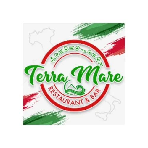 Terra Mare Restaurant & Bar logo with circular red and green design, featuring Italian flag colors, script lettering, and map outline accents.