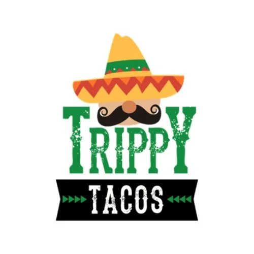 Colorful Trippy Tacos restaurant logo featuring a sombrero, mustache graphic, and bold green typography for a Mexican taco brand identity.