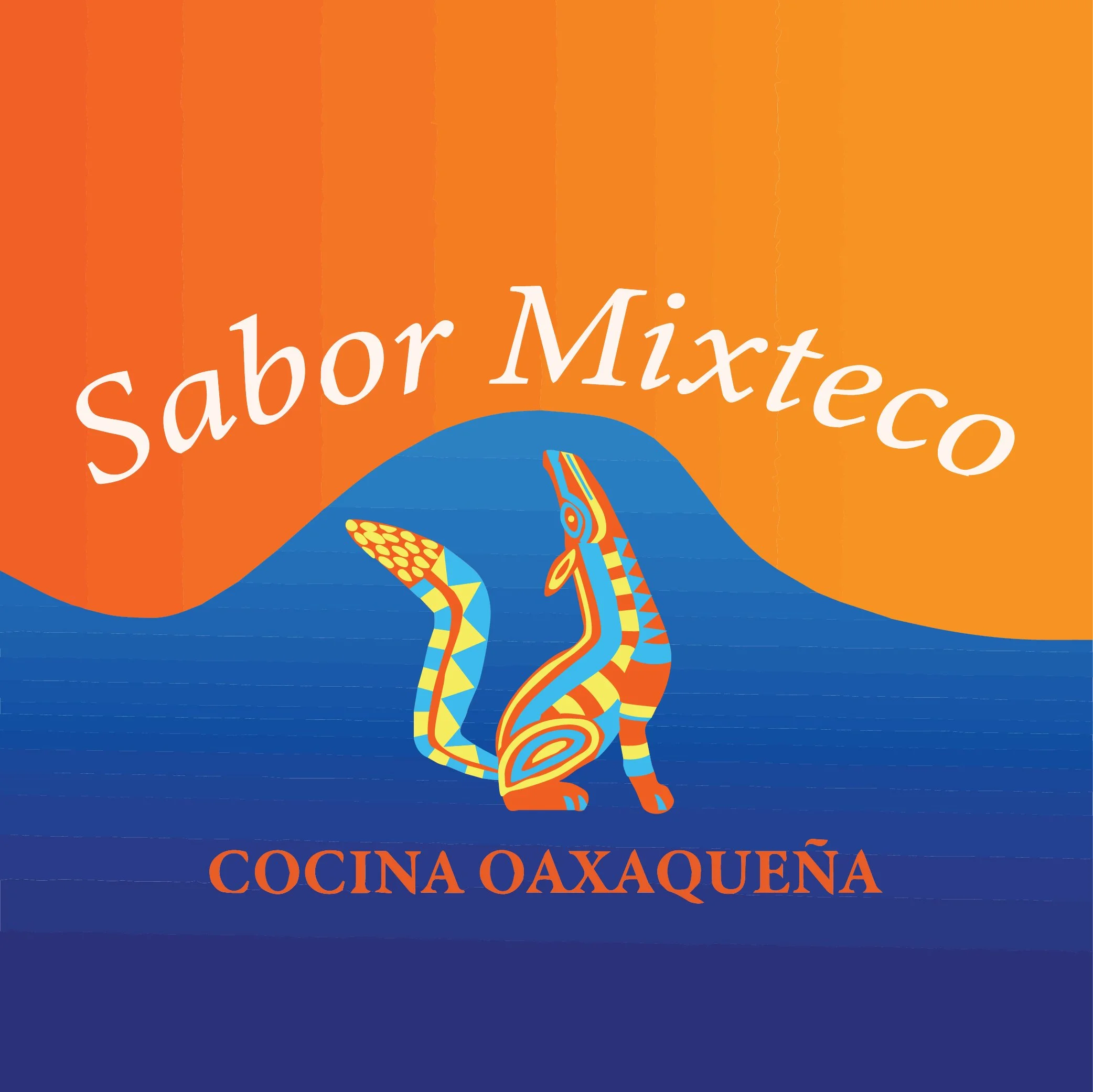 Sabor Mixteco logo with colorful fox illustration and “Cocina Oaxaqueña” text on orange and blue background.