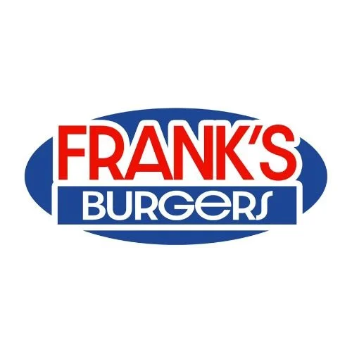 Frank’s Burgers logo with bold red and blue text on oval design.