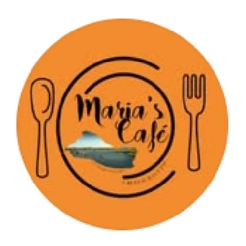 Maria’s Cafe logo with circular design, utensils, and scenic illustration.