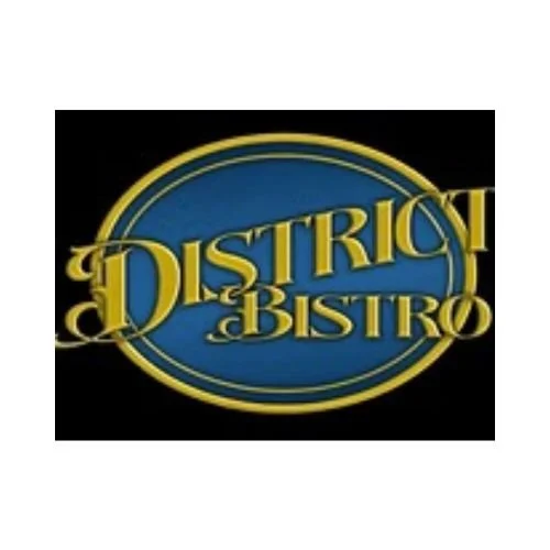 District Bistro logo in blue and gold oval design with elegant typography.