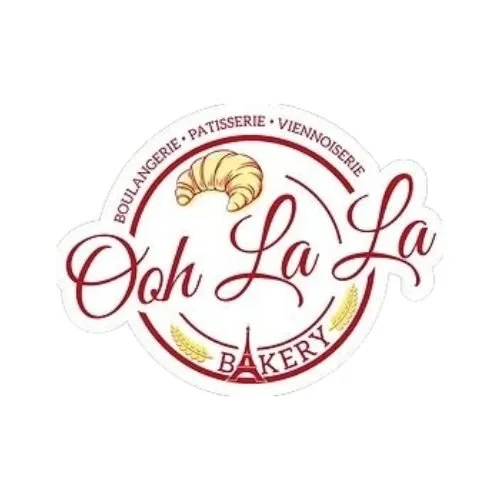 Ooh La La Bakery logo with croissant illustration and script lettering for French-style bakery.