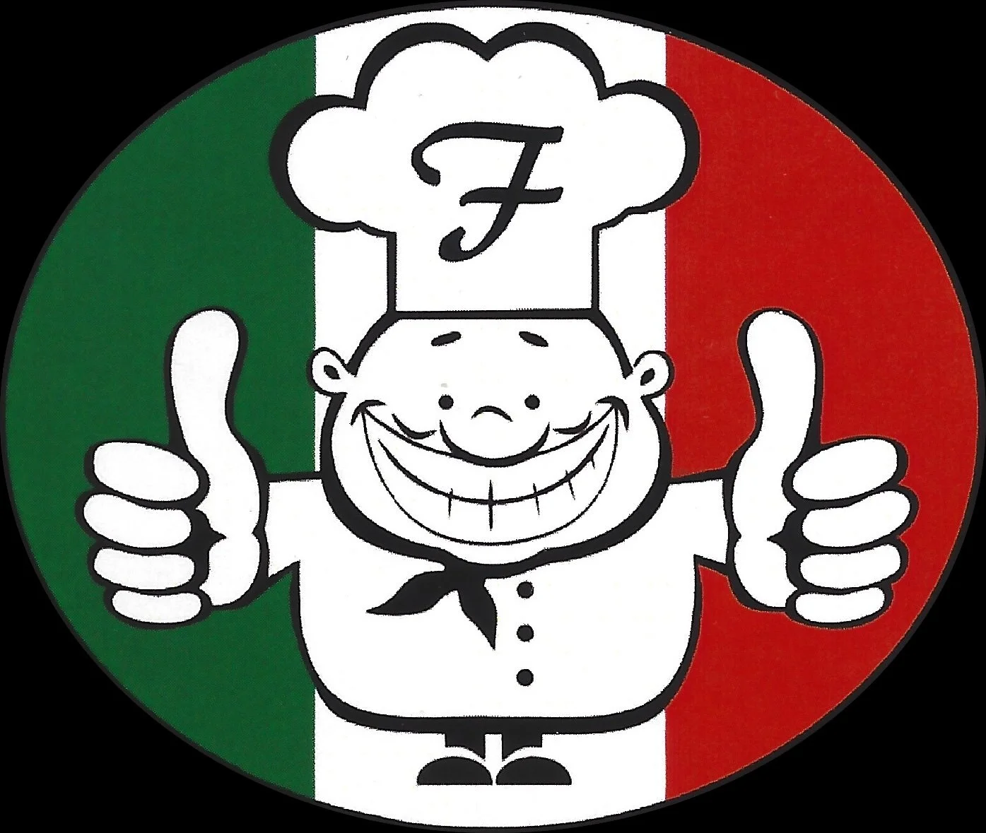 Italian restaurant logo featuring cartoon chef giving thumbs up over Italian flag background.